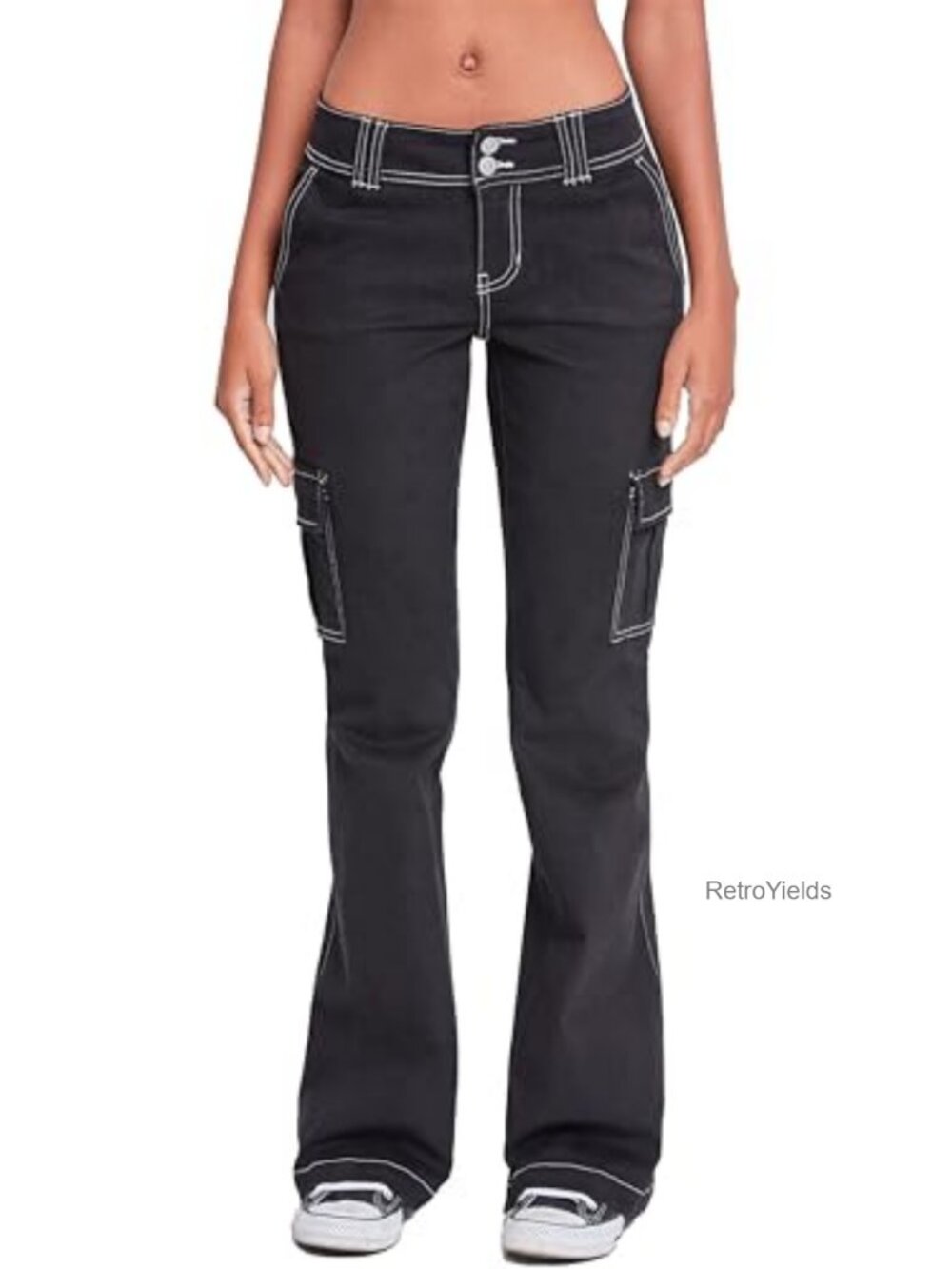 Women's Low Rise Cargo Flare Pants Two Button Closure Relaxed Fit